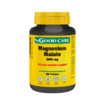 Frasco de suplemento alimentar da marca Good Care, de cor amarela vibrante, com o rótulo destacando Magnésio Malato 1000 mg em letras grandes e pretas. O frasco contém 180 comprimidos, projetado para oferecer suporte ao sistema nervoso.