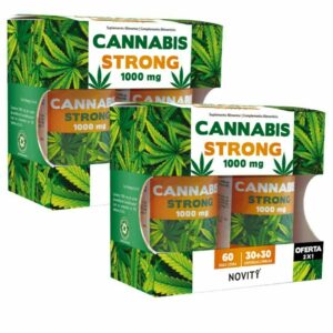 Pack promocional de Cannabis Strong 1000 mg da marca Novity. O produto contém dois frascos de cápsulas de óleo de sementes de cannabis, totalizando 60 cápsulas, com uma oferta adicional de 30+30 cápsulas. A embalagem apresenta tons de verde e laranja, com um fundo ilustrado por folhas de cannabis, destacando a concentração de 1000 mg por cápsula. Este suplemento é ideal para quem procura os benefícios do óleo de cânhamo, sendo indicado para o suporte do sistema imunitário e cardiovascular.