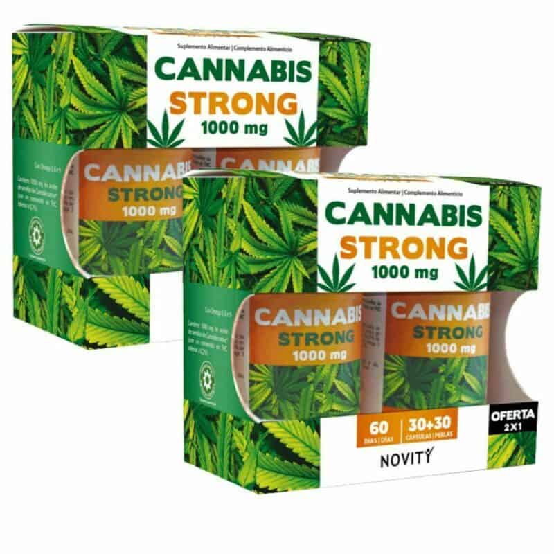 Pack promocional de Cannabis Strong 1000 mg da marca Novity. O produto contém dois frascos de cápsulas de óleo de sementes de cannabis, totalizando 60 cápsulas, com uma oferta adicional de 30+30 cápsulas. A embalagem apresenta tons de verde e laranja, com um fundo ilustrado por folhas de cannabis, destacando a concentração de 1000 mg por cápsula. Este suplemento é ideal para quem procura os benefícios do óleo de cânhamo, sendo indicado para o suporte do sistema imunitário e cardiovascular.
