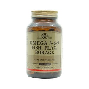 Frasco de Ómega 3-6-9 60 cápsulas Solgar, suplemento com ácidos gordos essenciais de peixe, linhaça e borragem para apoio cardiovascular e cerebral.