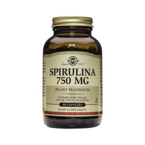 Spirulina 750mg Solgar em frasco com comprimidos de microalga rica em nutrientes e proteínas.