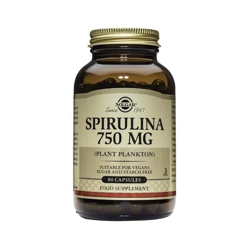 Spirulina 750mg Solgar em frasco com comprimidos de microalga rica em nutrientes e proteínas.