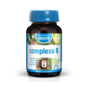 Complexo B Naturmil em frasco com 60 cápsulas, suplemento de vitaminas do complexo B para energia, metabolismo e sistema nervoso.