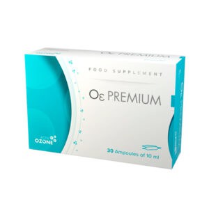 Frasco do Activ Ozone O3 Premium com 30 ampolas, suplemento com óleo ozonizado para suporte antioxidante e imunológico.