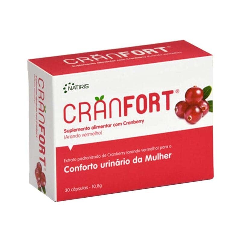 Suplemento alimentar Cranfort 30 cápsulas Natiris com extrato de cranberry para o conforto urinário feminino.