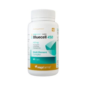 Frasco do suplemento Super BlueCell 450mg com 60 cápsulas da marca Vegafarma, um produto vegano para suporte celular e antioxidante.