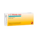 Caixa de V-C 15 Forte Neo da marca Dr. Reckeweg, que contém 24 ampolas bebíveis de solução oral. A caixa é predominantemente amarela e branca, com o nome do produto em letras vermelhas destacadas na parte superior. Abaixo, há uma descrição que indica que o produto é um medicamento homeopático, com foco em aliviar o esgotamento, exaustão e stress. No canto inferior esquerdo, é mencionado que as ampolas contêm uma mistura de ingredientes ativos.
