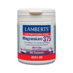 Frasco do Magnésio 375mg com 60 comprimidos da Lamberts, suplemento essencial para músculos, ossos e energia.