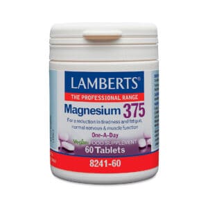Frasco do Magnésio 375mg com 60 comprimidos da Lamberts, suplemento essencial para músculos, ossos e energia.