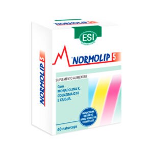 Frasco do Normolip 5 com 60 cápsulas da ESI, suplemento natural para manter o colesterol em níveis saudáveis.