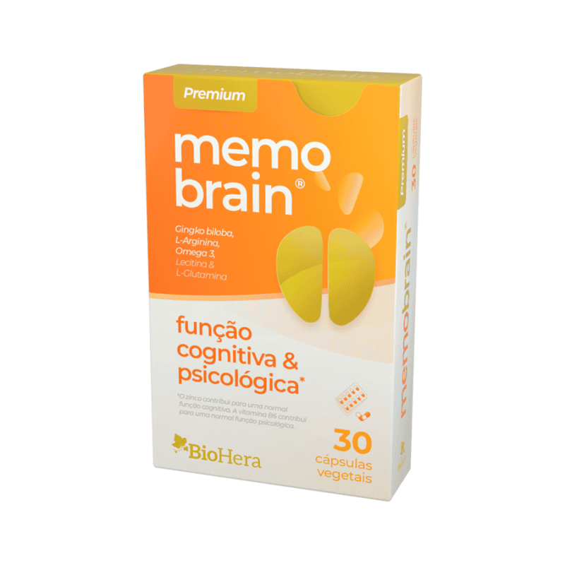 Suplemento MemoBrain da BioHera em frasco com 30 cápsulas, desenvolvido para apoiar a memória, concentração e desempenho mental.