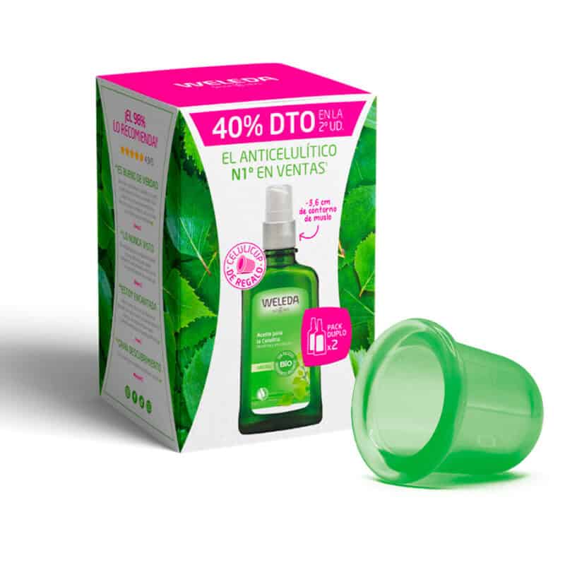 Embalagem do Pack Óleo Anti-Celulite de Bétula com 2 frascos de 100ml e 1 Celulicup da Weleda, cuidado intensivo para alisar e tonificar a pele.