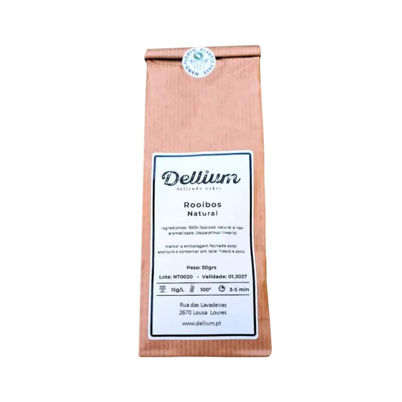 "Embalagem do Chá Rooibos Premium 50g da Dellium, infusão suave e naturalmente livre de cafeína.