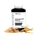 Frasco de Ashwagandha 9000mg com 180 cápsulas da Hivital, suplemento adaptogénico para equilíbrio mental e físico.