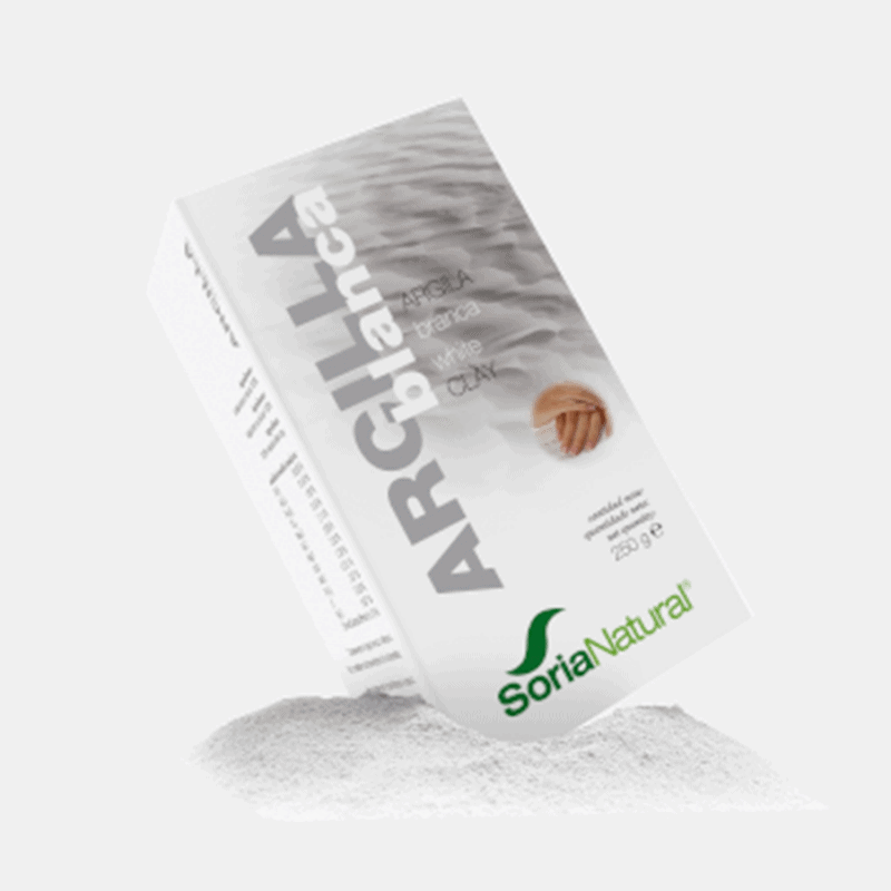 Embalagem da Argila Branca 250g da Soria Natural, ingrediente natural para cuidados com a pele e tratamentos terapêuticos.
