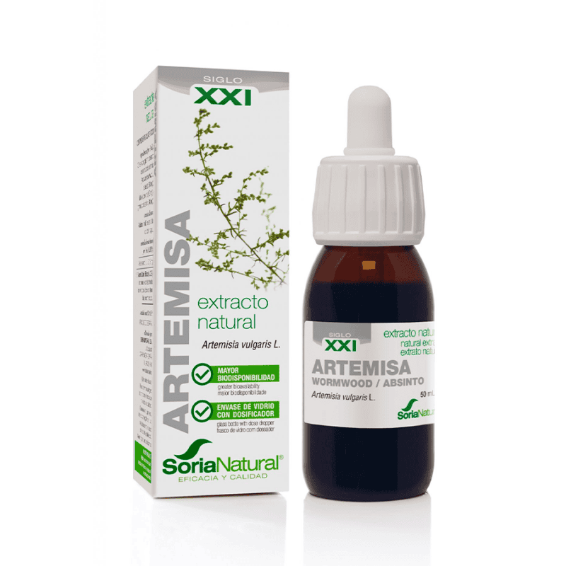 Frasco do Extrato Natural de Artemísia 50ml da Soria Natural, suplemento líquido para suporte digestivo e equilíbrio hormonal.