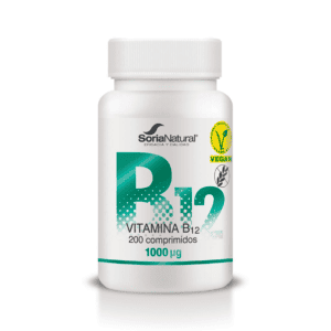 Frasco da Vitamina B12 1000µg com 200 comprimidos da Soria Natural, suplemento essencial para energia e saúde neurológica.