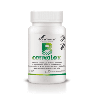 "Frasco do B-Complex com 30 comprimidos da Soria Natural, suplemento essencial para energia e suporte ao sistema nervoso.