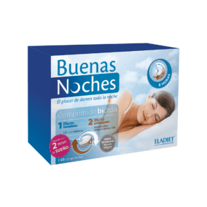 Frasco do Boas Noites com 30 comprimidos da Eladiet, suplemento natural para promover um sono tranquilo e reparador.