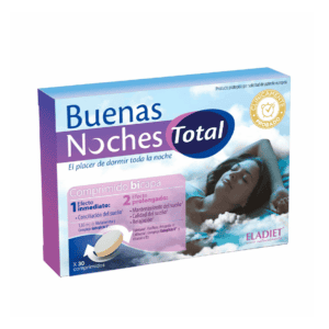 Frasco do Buenas Noches Total com 30 comprimidos da Eladiet, suplemento natural para melhorar a qualidade do sono.