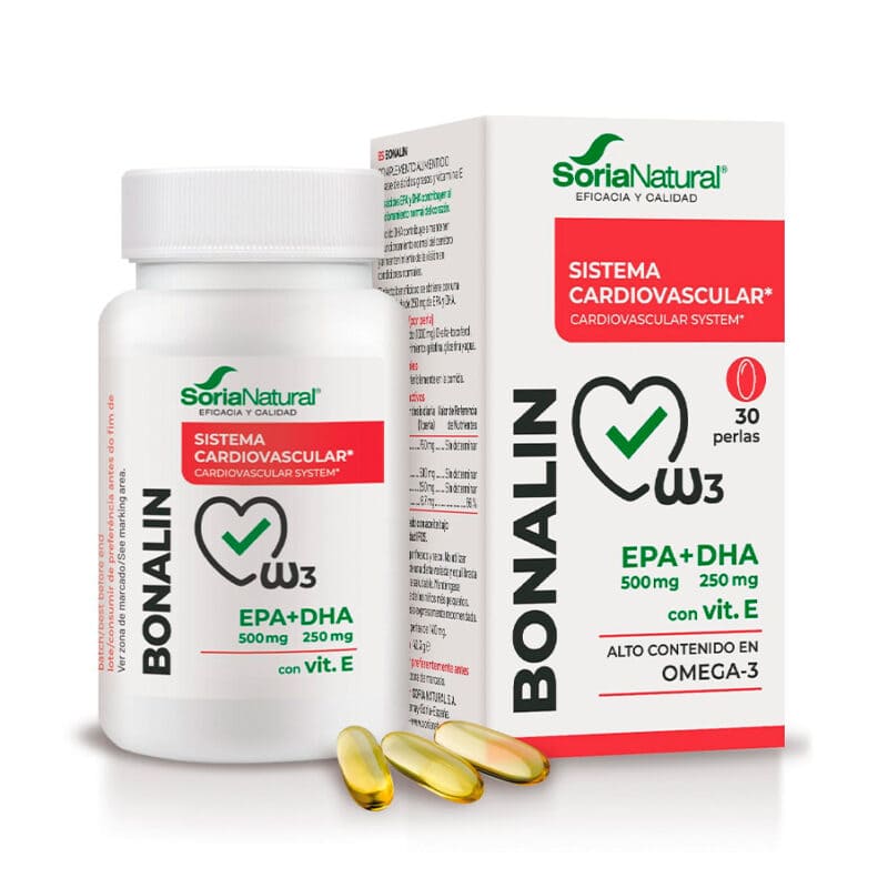 Frasco do Bonalin EPA+DHA com Vitamina E, 30 pérolas da Soria Natural, suplemento para suporte cardiovascular e cerebral.