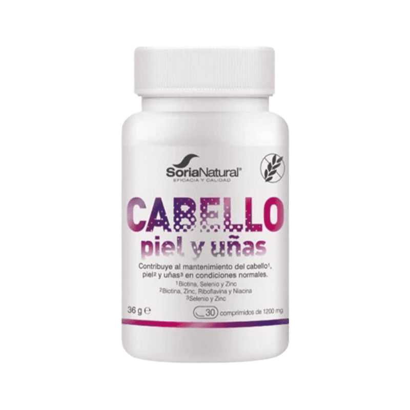 "Frasco do Cabelo, Pele e Unhas com 30 comprimidos da Soria Natural, suplemento para fortalecimento e nutrição da beleza natural.