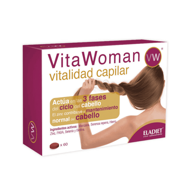 Frasco do Vita Woman Vitalidade Capilar com 60 comprimidos da Eladiet, suplemento para fortalecimento e crescimento saudável dos cabelos.