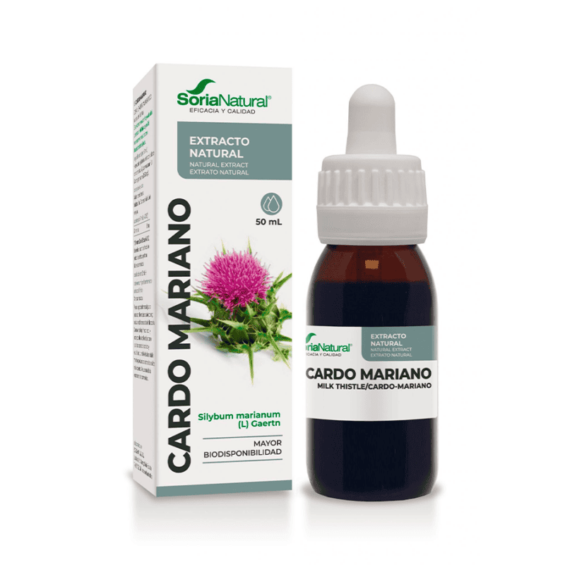 Frasco do Extrato Natural de Cardo Mariano 50ml da Soria Natural, suplemento líquido para suporte hepático e detox natural.