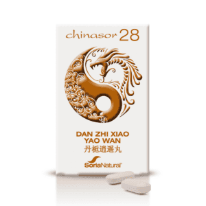 Embalagem do Chinasor 28 Dan Zhi Xiao Yao Wan com 30 comprimidos da Soria Natural, fórmula tradicional chinesa para equilíbrio emocional e bem-estar hepático.