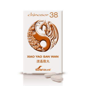 Embalagem do Chinasor 38 Xiao Yao San Wan com 30 comprimidos da Soria Natural, fórmula tradicional chinesa para equilíbrio e bem-estar.