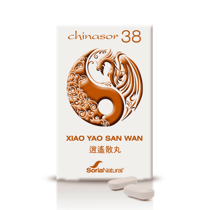 Embalagem do Chinasor 38 Xiao Yao San Wan com 30 comprimidos da Soria Natural, fórmula tradicional chinesa para equilíbrio e bem-estar.