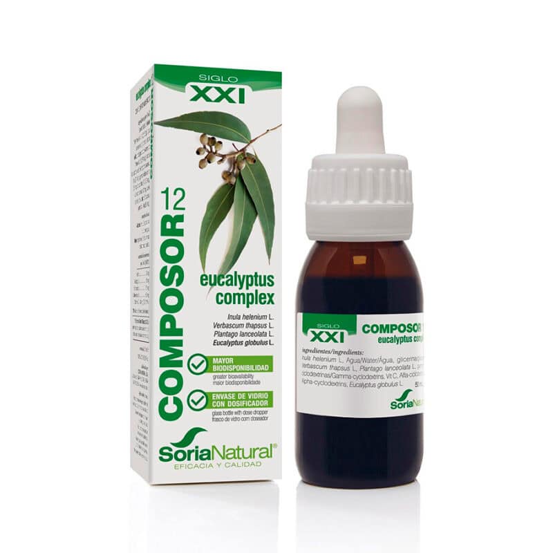 Frasco do Composor 12 Eucalyptus Complex 50ml da Soria Natural, suplemento natural para suporte respiratório.