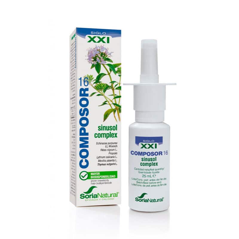 Frasco do Composor 16 Sinusol Complex 25ml da Soria Natural, suplemento natural para alívio da congestão nasal e suporte respiratório.