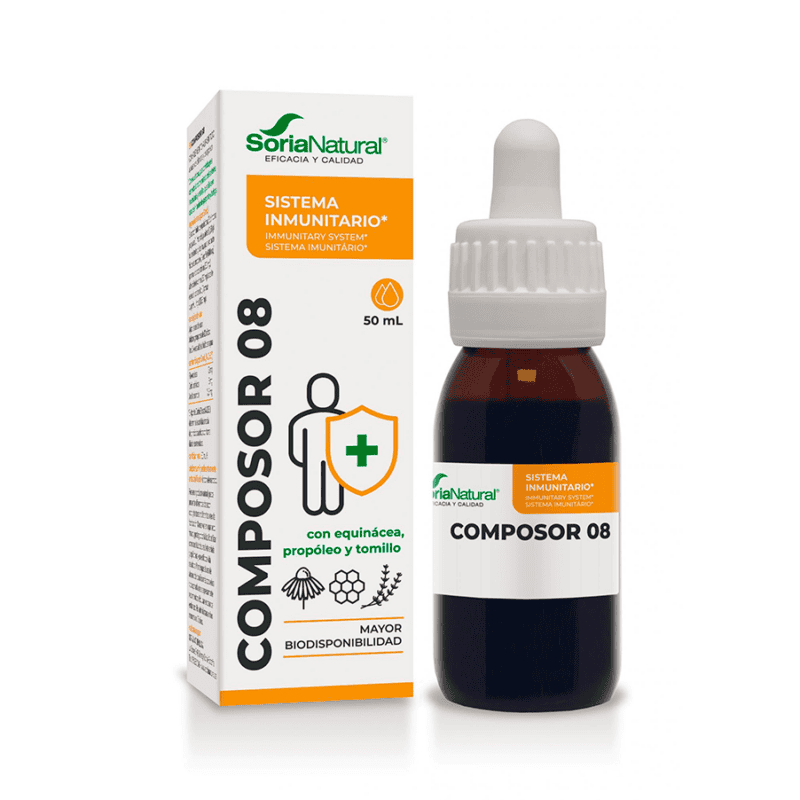 Frasco do Composor 08 Equinácea Complex 50ml da Soria Natural, suplemento natural para reforço imunológico.