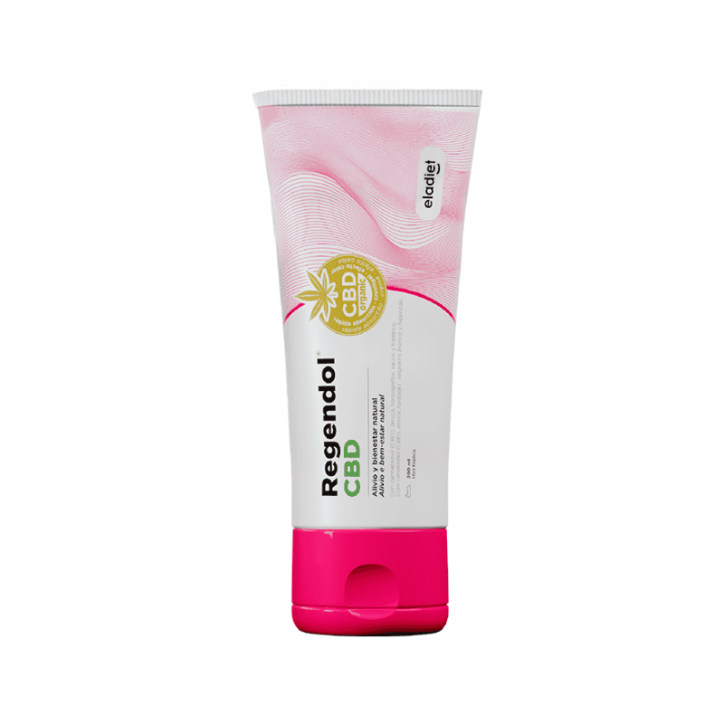 Frasco do RegenDol CBD Creme 200ml da Eladiet, fórmula com CBD para alívio muscular e articular.
