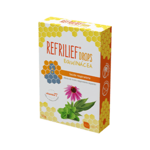 Embalagem do Refrilief Drops Equinácea com Vitamina C 50g da Nutridil, suporte natural para imunidade e alívio da garganta.