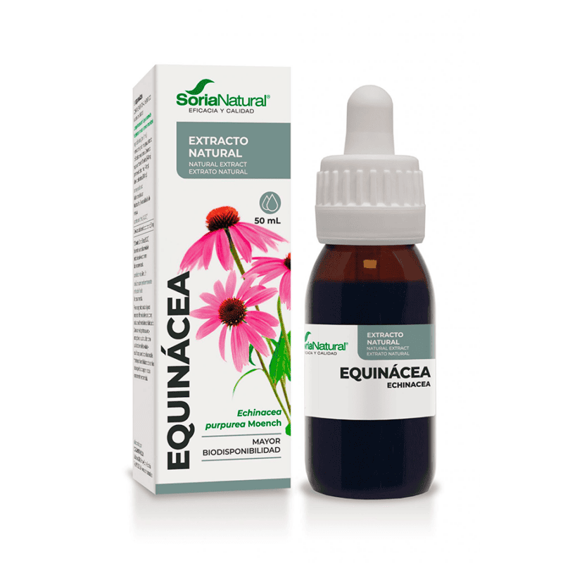Frasco do Extrato Natural de Equinácea 50ml da Soria Natural, suplemento líquido para fortalecimento do sistema imunológico.