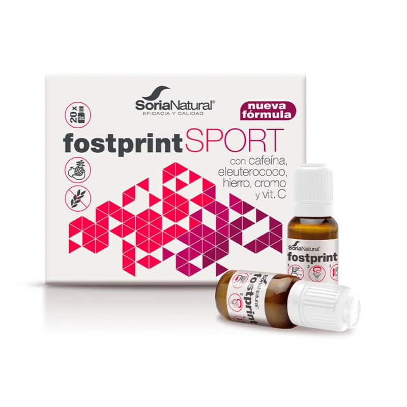 Embalagem do Fostprint Plus 15ml x 20 ampolas da Soria Natural, suplemento energético para maior vitalidade e desempenho físico.