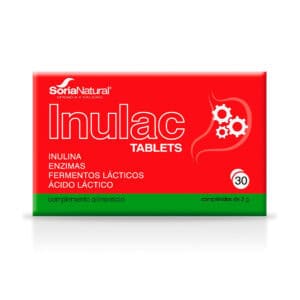 Embalagem do Inulac com 30 comprimidos da Soria Natural, suplemento digestivo para equilíbrio da flora intestinal.