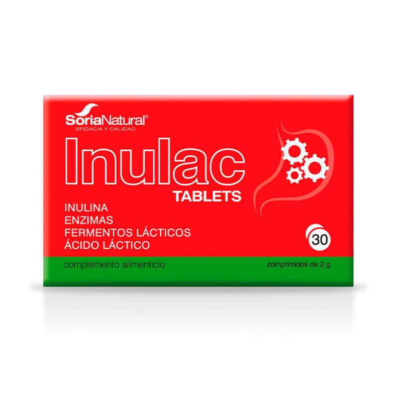 Embalagem do Inulac com 30 comprimidos da Soria Natural, suplemento digestivo para equilíbrio da flora intestinal.