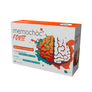 Embalagem do Memochoc Forte com 30 ampolas de 10ml da Nutridil, suporte para memória, concentração e desempenho cognitivo.