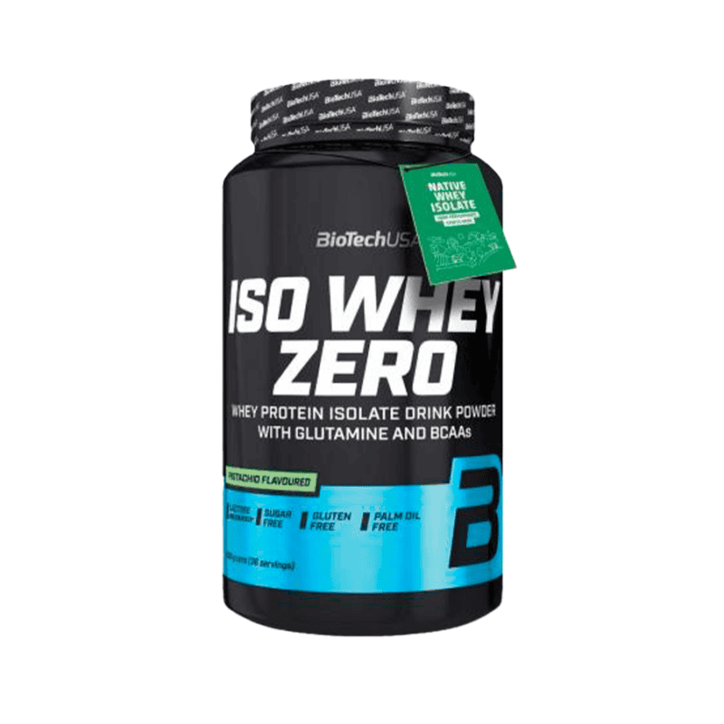 Embalagem do Iso Whey Zero 908g sabor Pistáchio da Biotech USA, proteína isolada para suporte muscular e recuperação.