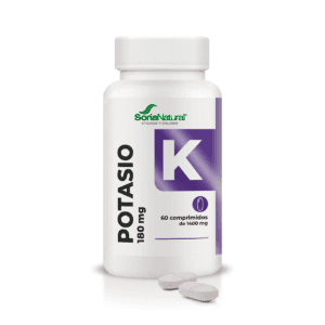 Frasco do Potássio 180mg com 60 comprimidos da Soria Natural, suplemento mineral para suporte muscular e equilíbrio eletrolítico.