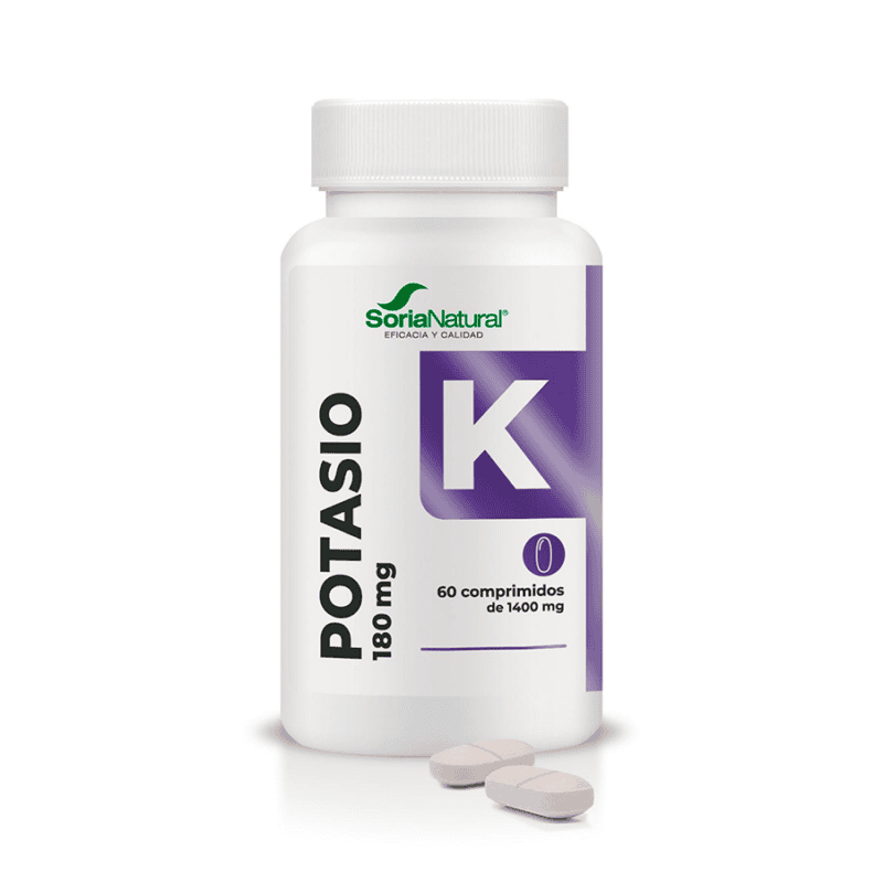 Frasco do Potássio 180mg com 60 comprimidos da Soria Natural, suplemento mineral para suporte muscular e equilíbrio eletrolítico.