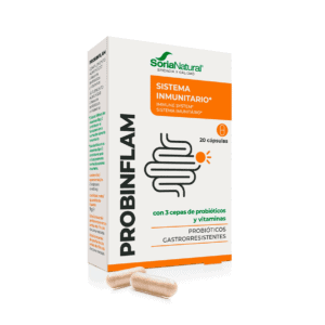 Embalagem do Probinflam com 20 cápsulas da Soria Natural, suplemento probiótico para suporte digestivo e equilíbrio intestinal.