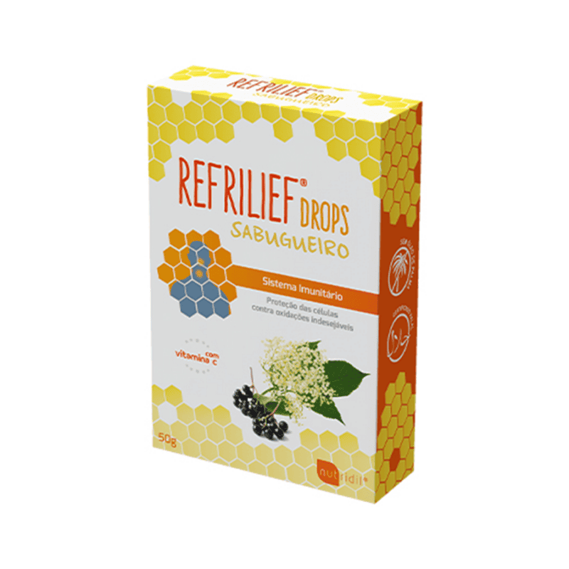 Embalagem do Refrilief Drops Sabugueiro com Vitamina C 50g da Nutridil, suporte natural para imunidade e saúde respiratória.