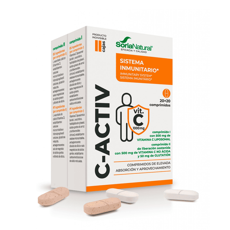 Embalagem do C-Activ 20+20 comprimidos da Soria Natural, suplemento com vitamina C para suporte imunológico e energia