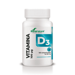 "Frasco da Vitamina D3 100µg com 150 comprimidos da Soria Natural, suplemento essencial para saúde óssea e imunidade.