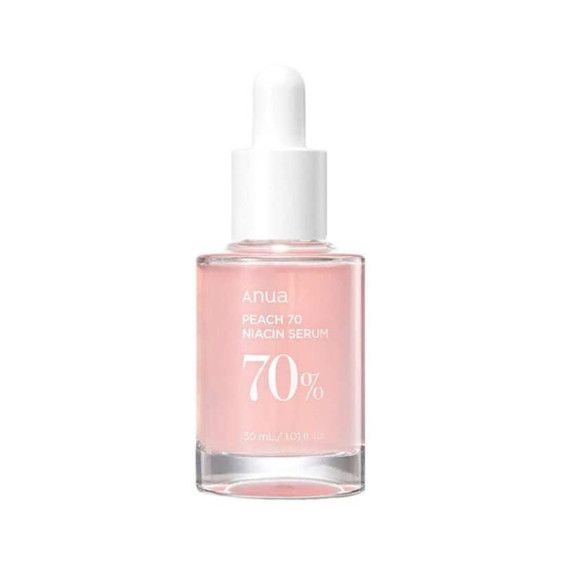 Frasco do Peach 70 Sérum de Niacinamida 30ml da Anua, tratamento facial iluminador com extrato de pêssego e niacinamida.