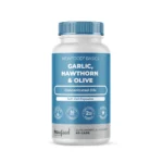 Frasco do Garlic, Hawthorn e Olive com 60 cápsulas da New Food, suplemento natural para apoio cardiovascular.